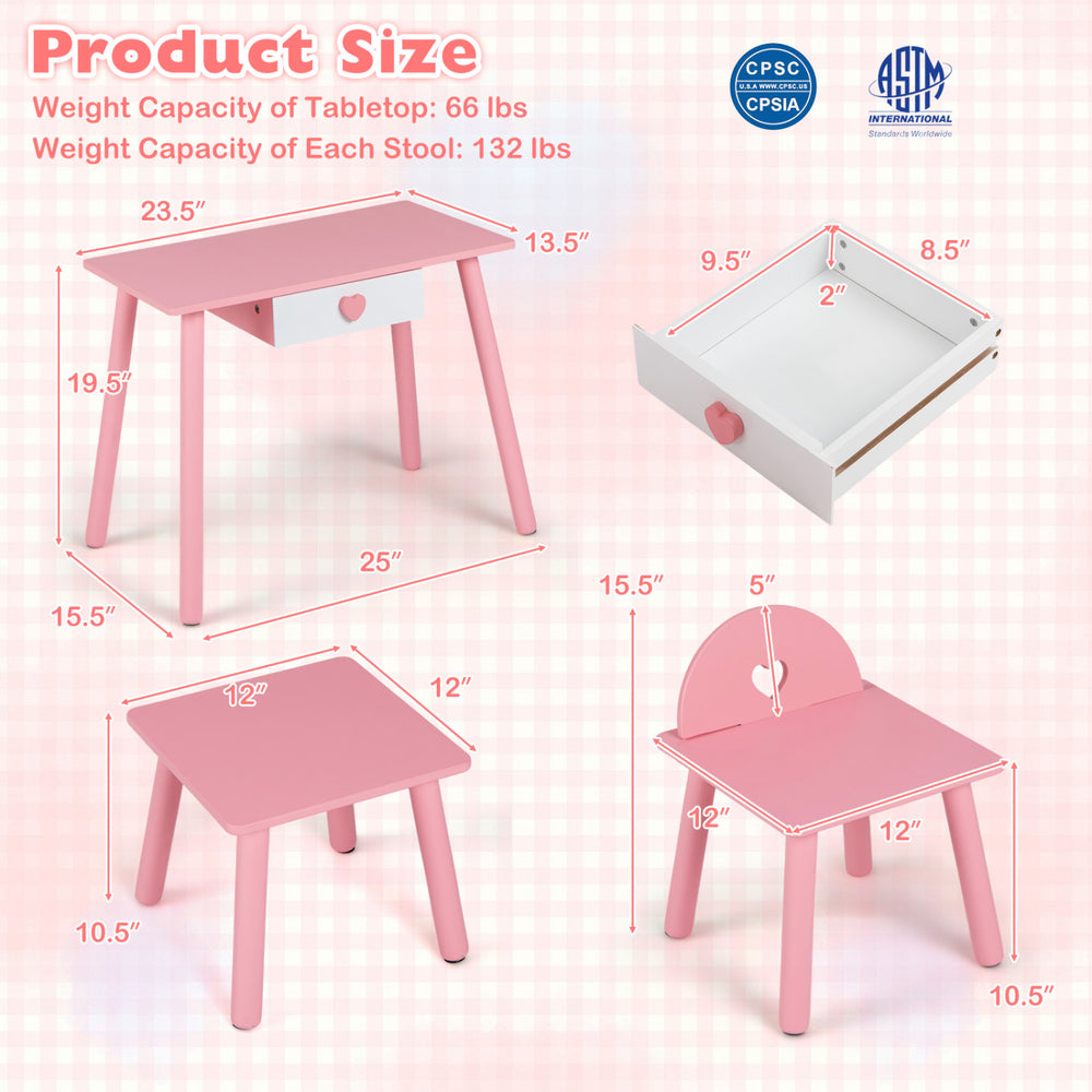 Kids pretend nail salon playset in pink with a table and stool, featuring a drawer for storage and solid wood legs.