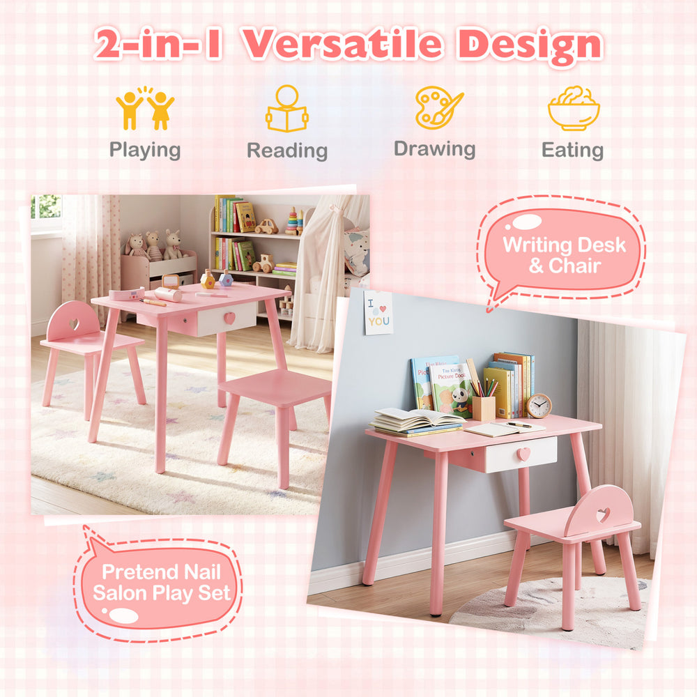 Kids pretend nail salon playset in pink features a 2-in-1 design for writing or salon activities with ample storage.