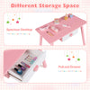 Kids pretend nail salon playset in pink featuring a spacious desktop and pull-out drawer for ample storage.