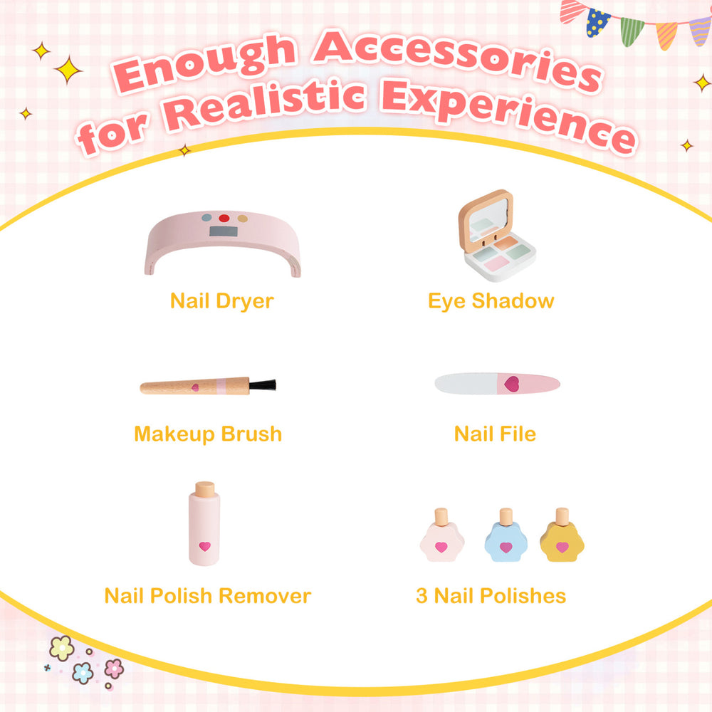 Kids pretend nail salon playset in pink with accessories like nail dryer, polishes, and makeup brush for imaginative play.