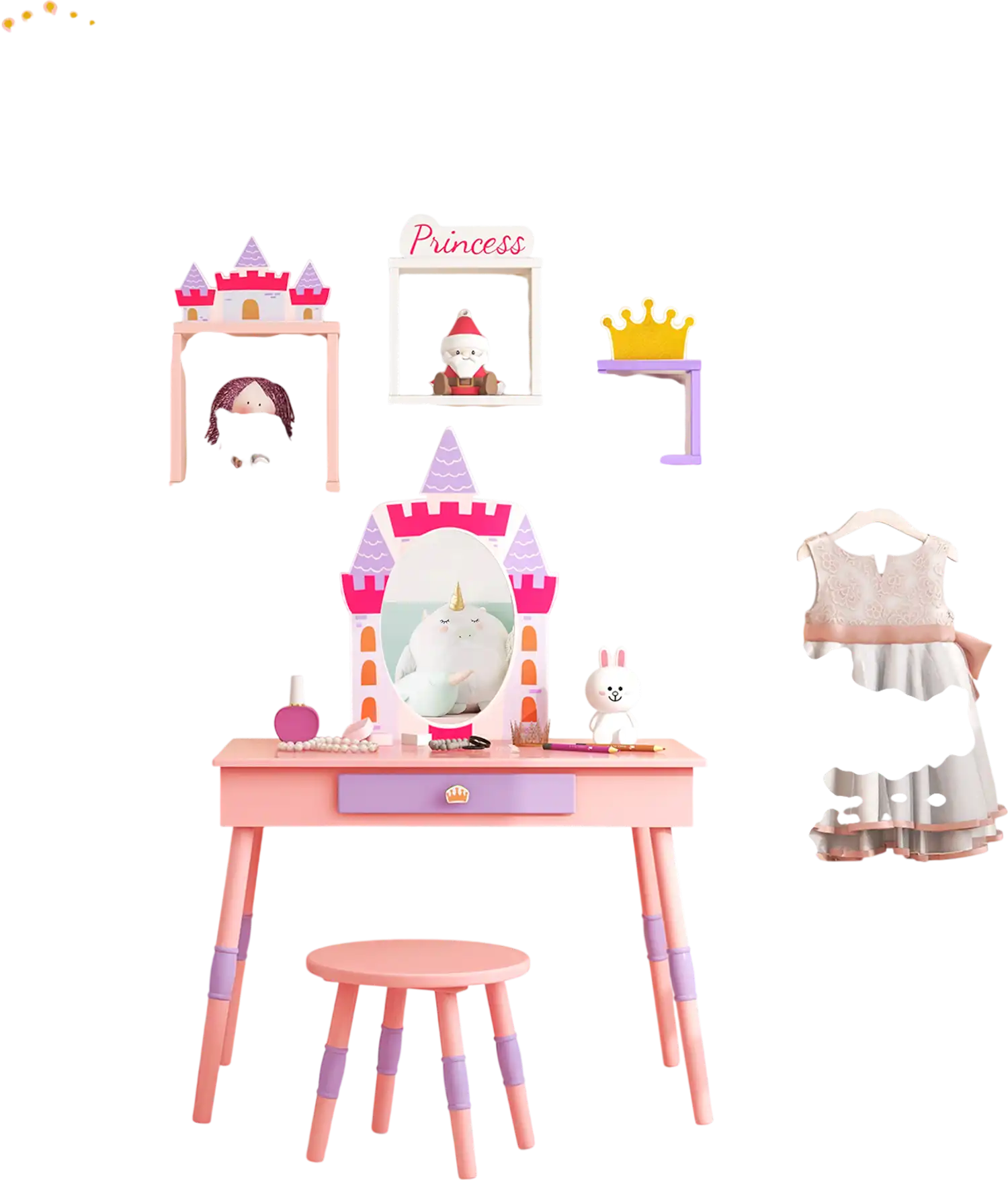 Costway Kids Princess Vanity Table Stool Set Mirror Drawer Pink 48673529 New