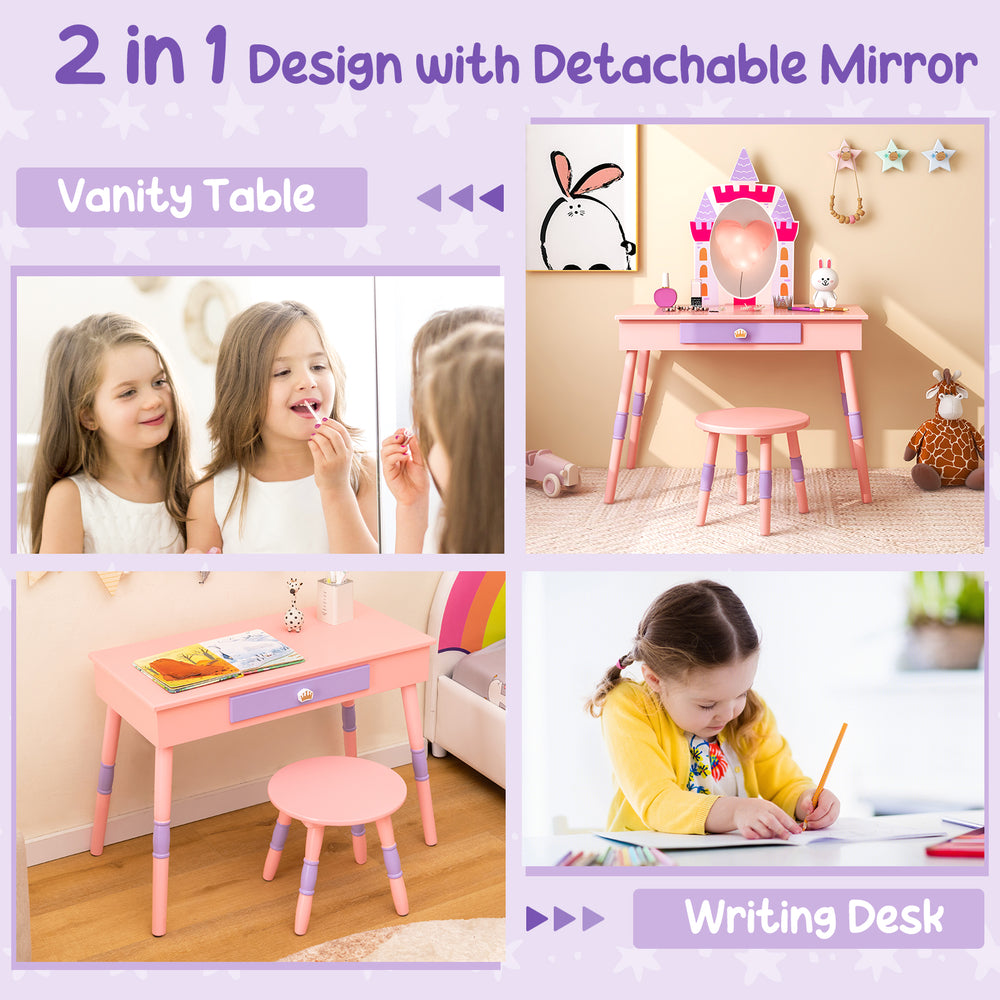 Kids princess vanity table in pink with detachable mirror, sturdy MDF, and solid wood legs, ideal for writing or play.
