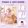 Kids princess vanity table set in pink with a mirror, solid wood legs, and anti-tipping design for stability.