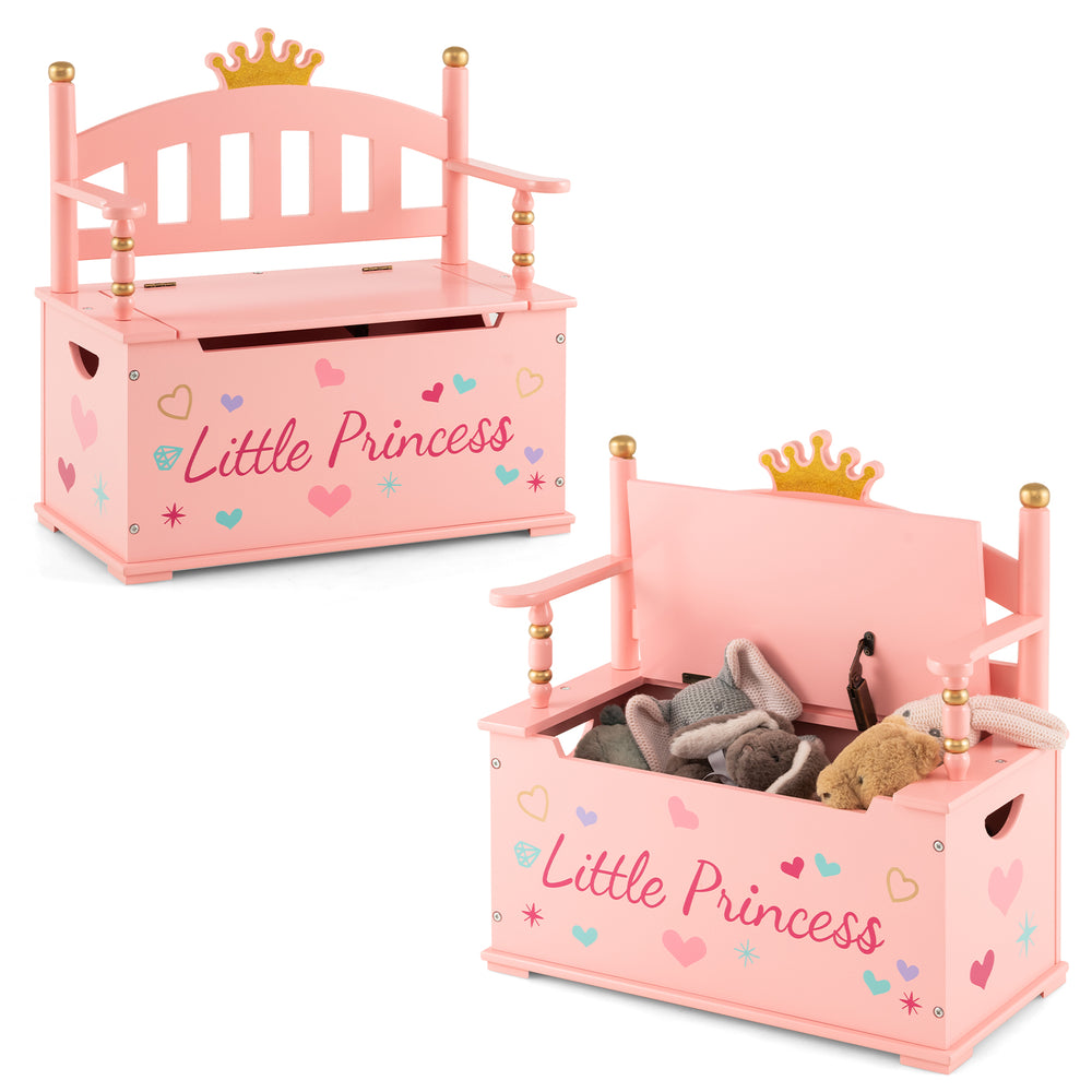 Kids 2-in-1 princess wooden toy box in pink with safe hinged lid, backrest, and armrests for playroom storage.