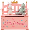 Kids pink wooden toy box with safe hinged lid, featuring a cozy backrest and armrests, perfect for playrooms.