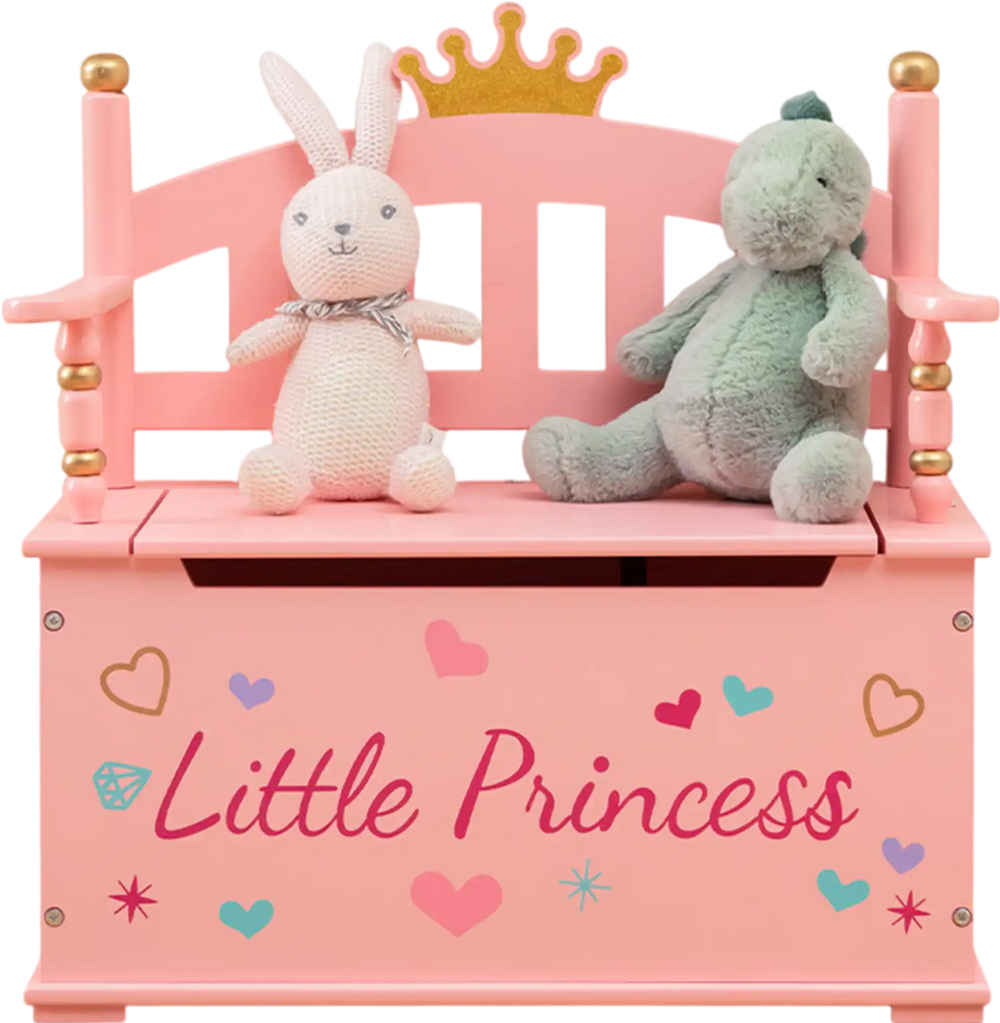Kids pink wooden toy box with safe hinged lid, featuring a cozy backrest and armrests, perfect for playrooms.