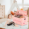 Kids princess wooden toy box in pink with safe hinged lid, perfect for playrooms and nurseries, featuring cozy backrest.