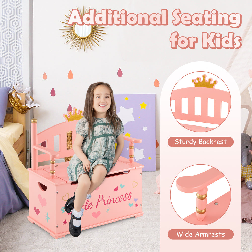 Kids princess wooden toy box in pink with sturdy backrest and wide armrests, perfect for playroom seating.