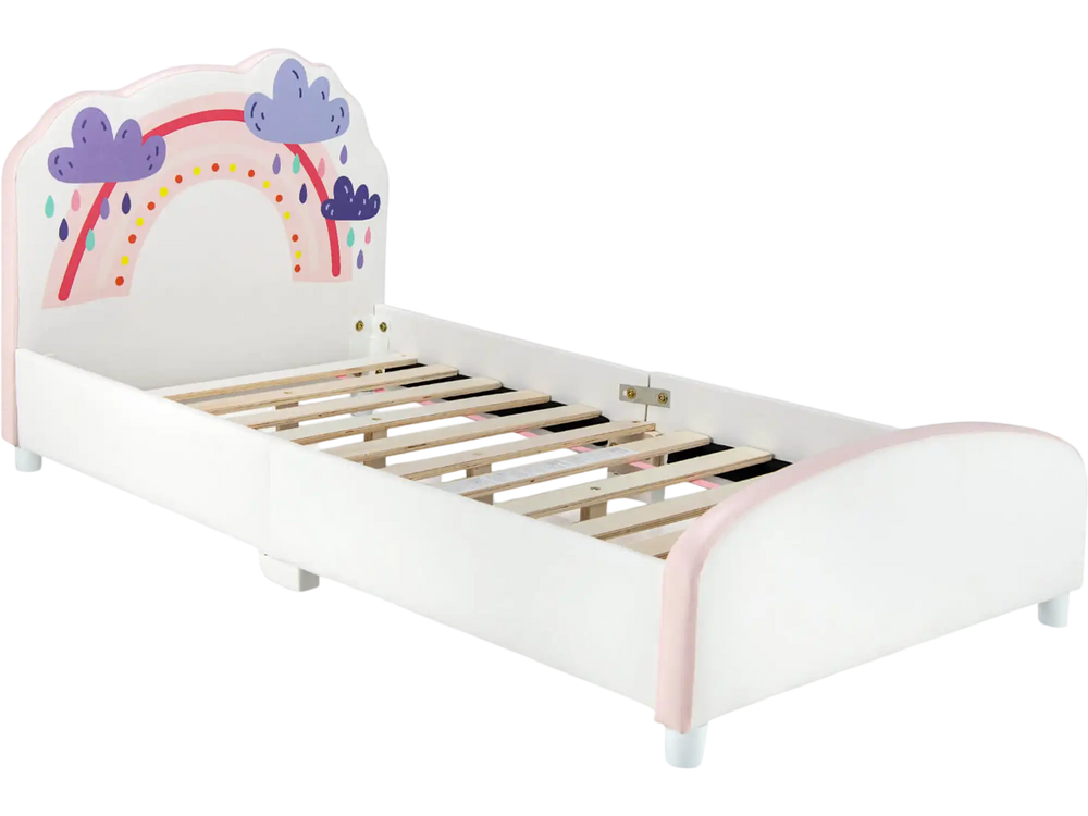 Kids Twin Size Upholstered Platform Wooden Bed with Rainbow Pattern