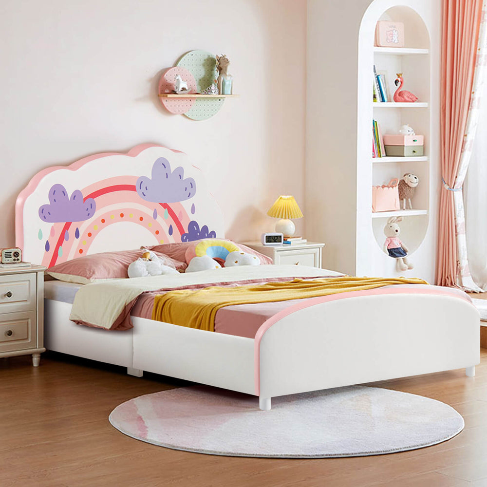 Kids twin size upholstered platform bed with rainbow pattern, soft padded headboard, and sturdy wooden slats for safety.