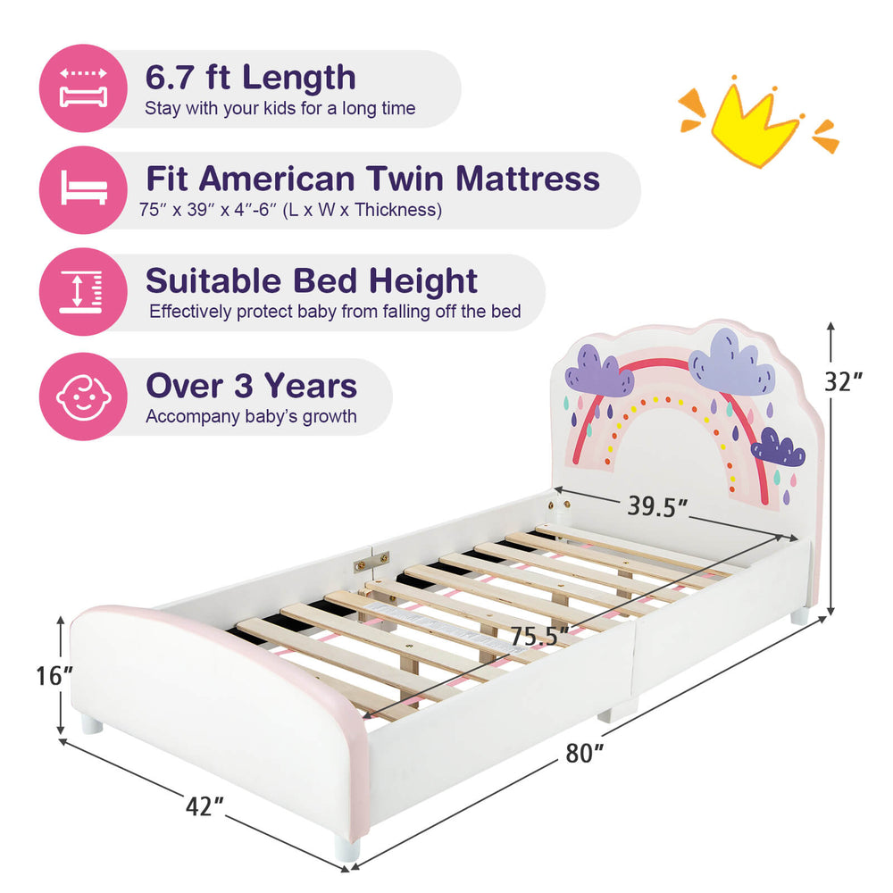 Kids twin size wooden bed with colorful rainbow headboard and adjustable non-slip feet, ideal for safe and easy access.