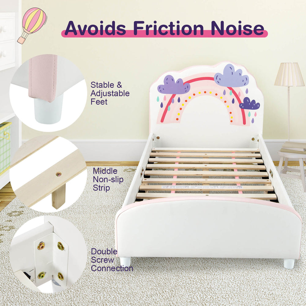 Kids twin size upholstered platform bed with rainbow pattern, padded headboard, and adjustable non-slip feet for.