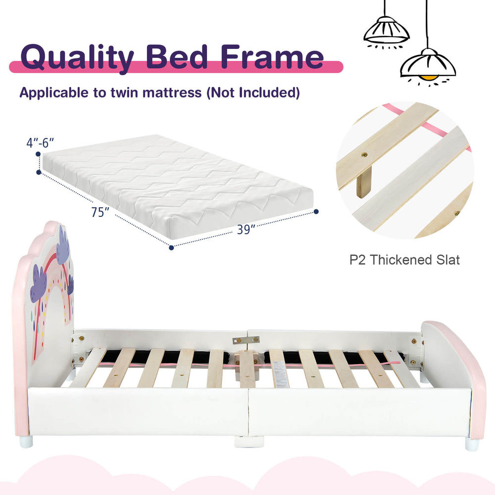 Kids twin size platform bed featuring a colorful rainbow-patterned headboard and raised side rails for mattress.