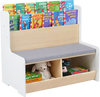 Kids reading nook featuring a white bench bookshelf with detachable cushion and two cubbies for toy storage.