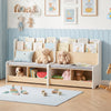 Kids reading nook featuring a bench bookshelf with two cubbies, soft cushion, and adorable frog design for playful.