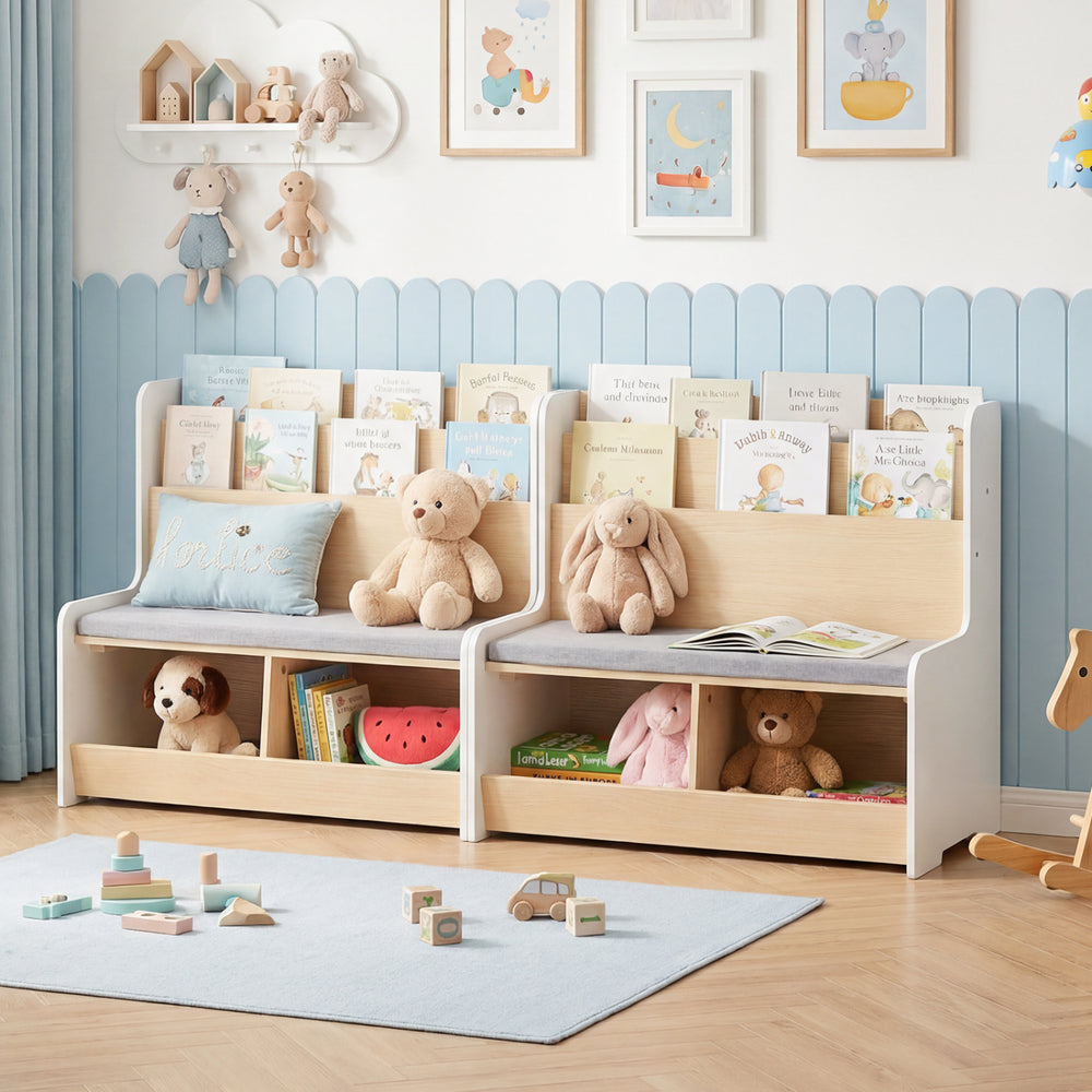 Kids reading nook featuring a bench bookshelf with two cubbies, soft cushion, and adorable frog design for playful.
