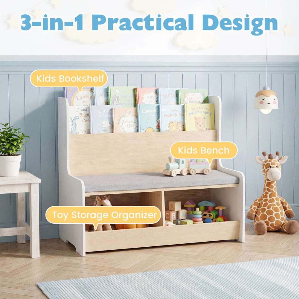 Kids reading nook featuring a white bookshelf, bench with cushion, and toy storage cubbies for organized playtime.