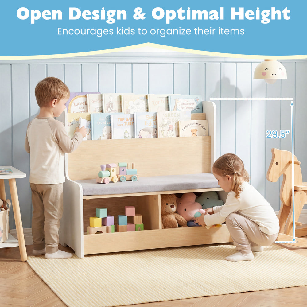 Kids Reading Nook features a white bookshelf and bench with cubbies, promoting organization and comfort for children.