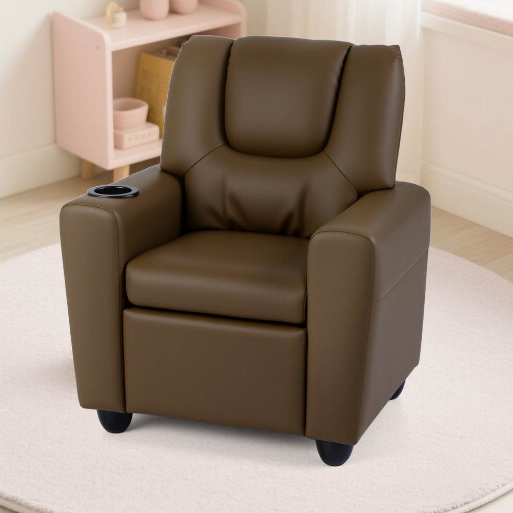 Kids Recliner Chair Push Back Toddler Reclining Armchair with Cup Holder-Brown - Gallery View 1 of 10