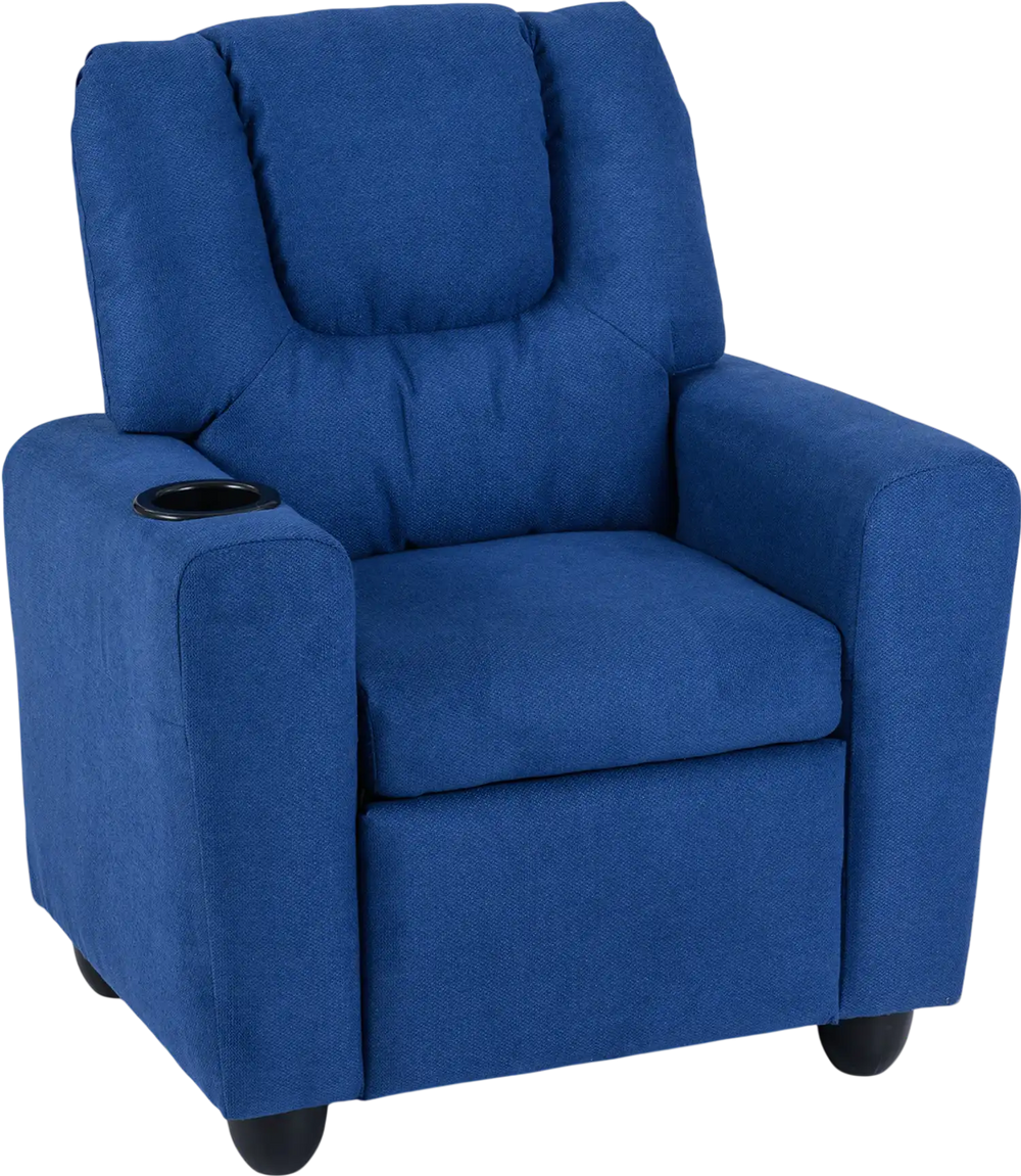 Kids recliner chair in blue with a cup holder, featuring a high backrest and retractable footrest for comfort.