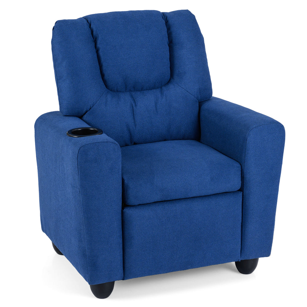 Kids recliner chair in blue with ergonomic design, cup holder, and retractable footrest for comfortable relaxation.