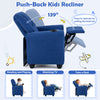 Kids recliner chair in blue with retractable footrest and cup holder, perfect for reading, watching TV, or resting.