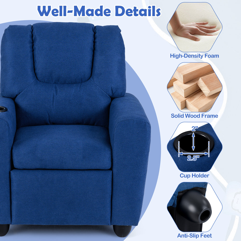 Kids recliner chair in blue with high-density foam, solid wood frame, and cup holder for comfortable lounging.