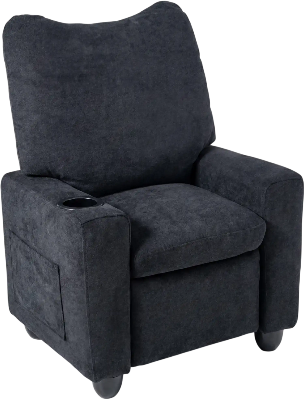 Kids recliner in black fabric with adjustable footrest and cup holder, perfect for toddlers' comfort and relaxation.