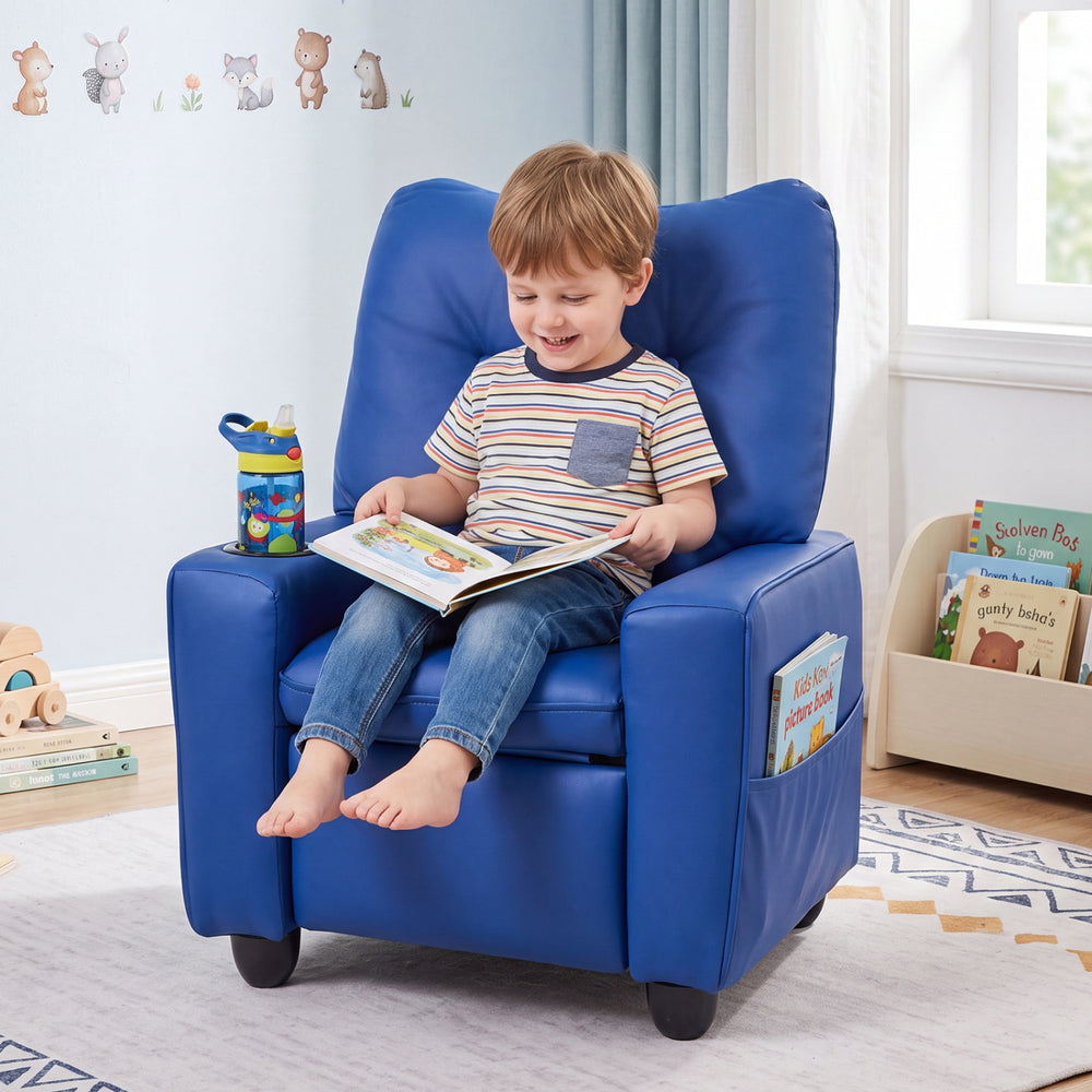 Kids Recliner with Cup Holder Armrests and Adjustable Backrest for Playroom-Blue - Gallery View 1 of 10
