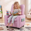 Pink kids recliner featuring thick padded armrests and side pockets, ideal for reading and relaxing in playrooms.