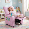 Kids recliner in pink with cup holder and adjustable backrest, perfect for playroom comfort and convenience.