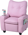 Kids recliner in pink with cup holder, adjustable backrest, and wide armrests for ultimate comfort in playrooms.