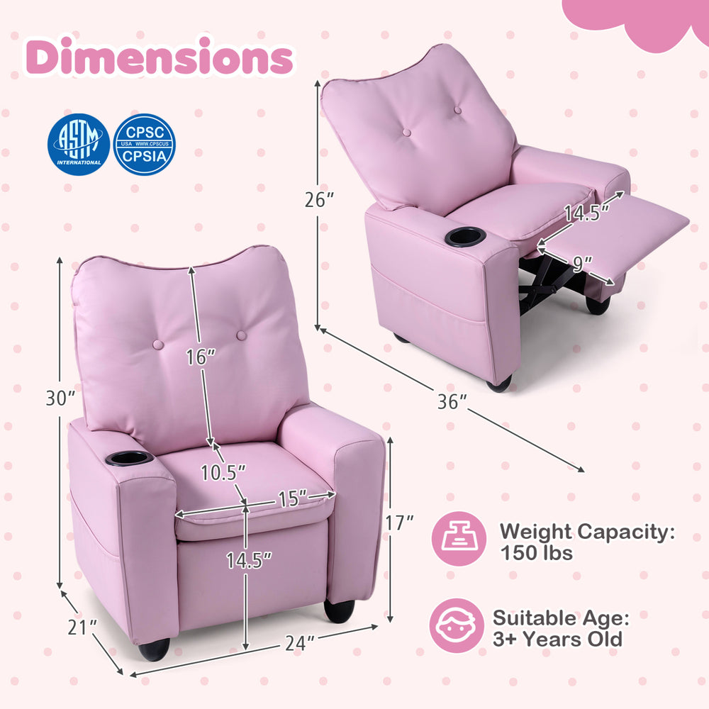 Kids recliner in pink with cup holder, adjustable backrest, and padded armrests, perfect for playroom comfort.