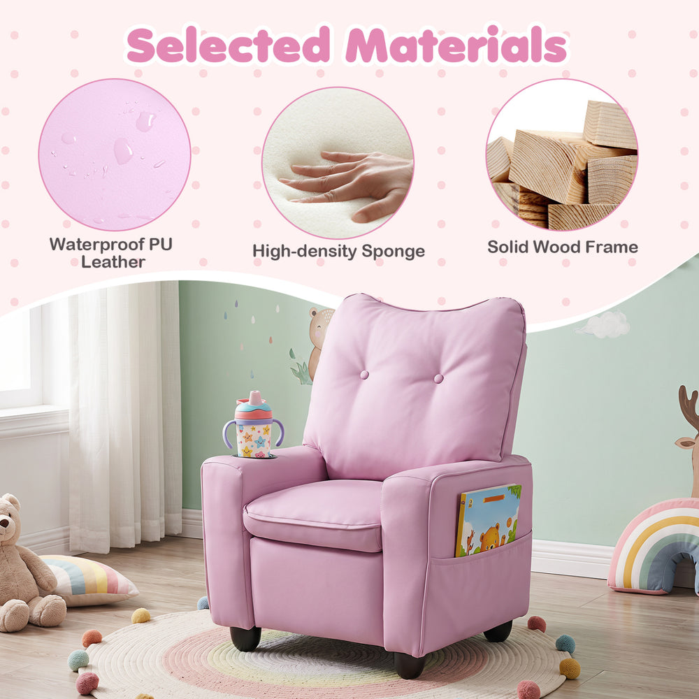 Kids recliner in pink with cup holder, adjustable backrest, and sturdy wood frame for playroom comfort.