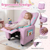 Kids recliner in pink with cup holder, thick padded backrest, and adjustable backrest for ultimate comfort in playrooms.