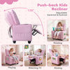 Kids recliner in pink with adjustable backrest, cup holder, and armrests, perfect for playroom comfort and relaxation.