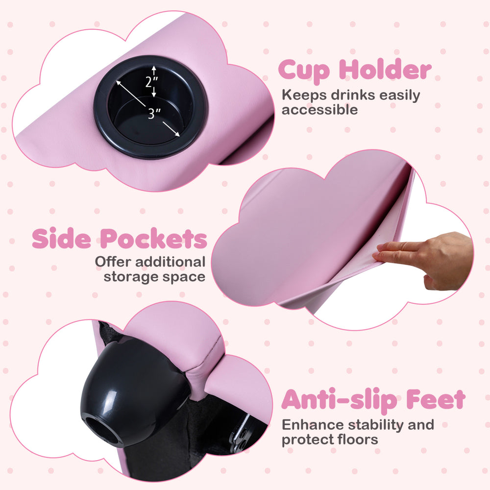 Kids recliner in pink with cup holder, side pockets, and anti-slip feet for added stability and comfort in playrooms.