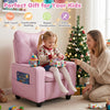 Kids recliner in pink with cup holder and adjustable backrest, perfect for playroom comfort and easy assembly.