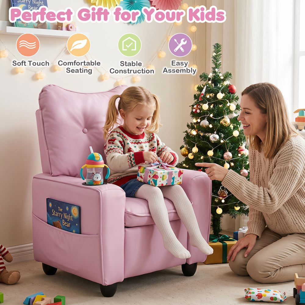 Kids recliner in pink with cup holder and adjustable backrest, perfect for playroom comfort and easy assembly.