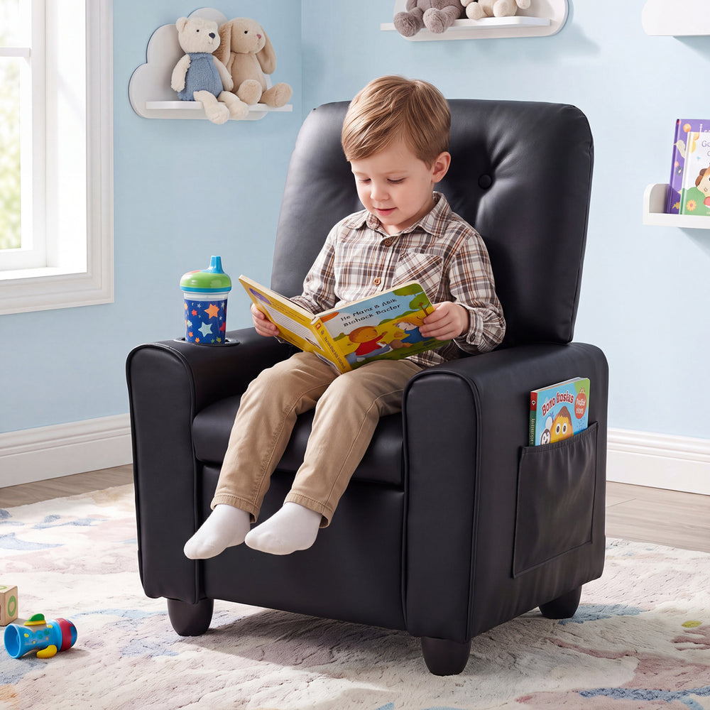 Kids recliner in black with cup holder, armrests, and adjustable backrest, perfect for comfort in playrooms or bedrooms.