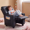 Kids recliner in black with cup holder, adjustable footrest, and padded backrest for ultimate comfort in playroom.