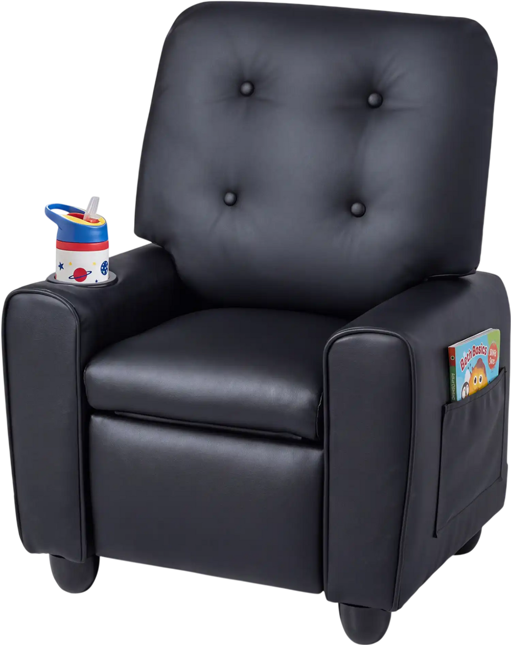 Kids recliner in black with cup holder, adjustable backrest, and padded armrests for ultimate comfort in playrooms.