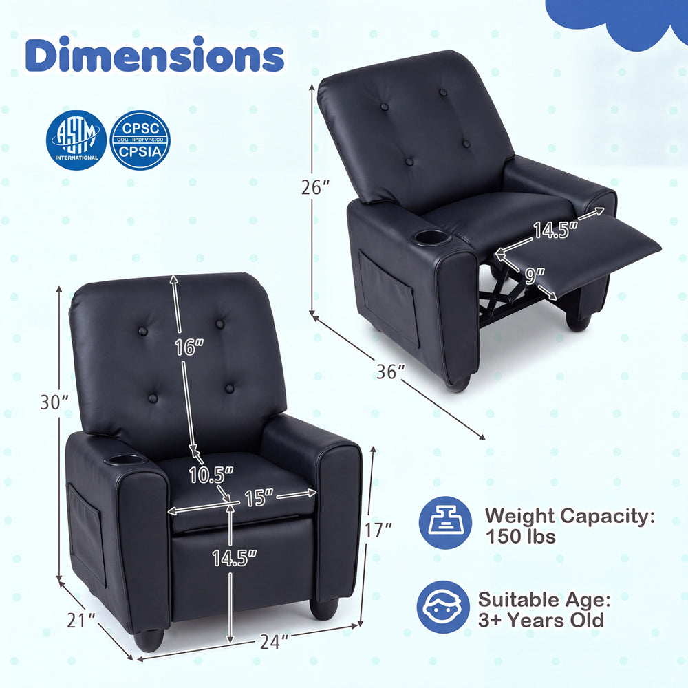 Kids recliner in black with cup holder, adjustable backrest, and padded armrests for ultimate comfort and support.