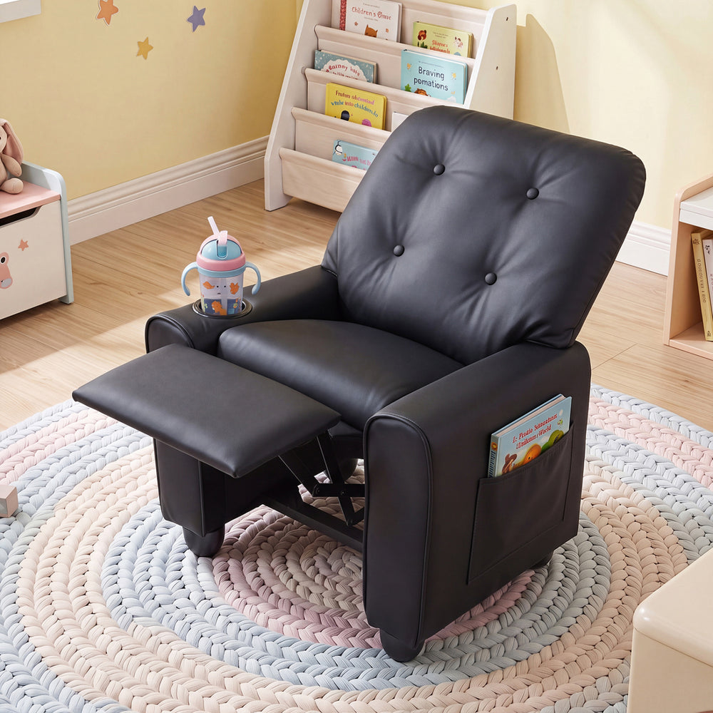 Kids recliner in black with a cup holder, adjustable backrest, and padded armrests, ideal for playrooms and bedrooms.