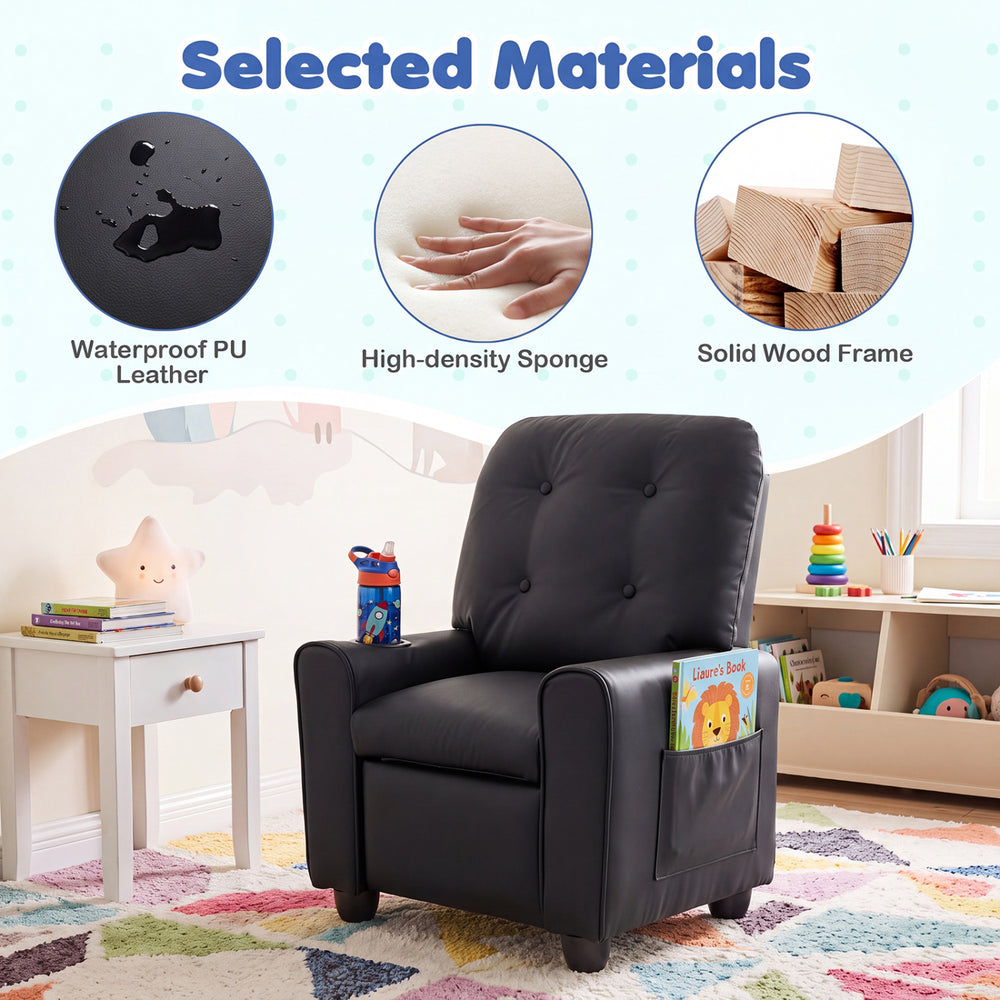 Kids recliner in black with waterproof PU leather, cup holder, and adjustable backrest for ultimate comfort in playrooms.