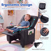Kids recliner in black with cup holder, wide armrests, and adjustable backrest for personalized comfort and support.