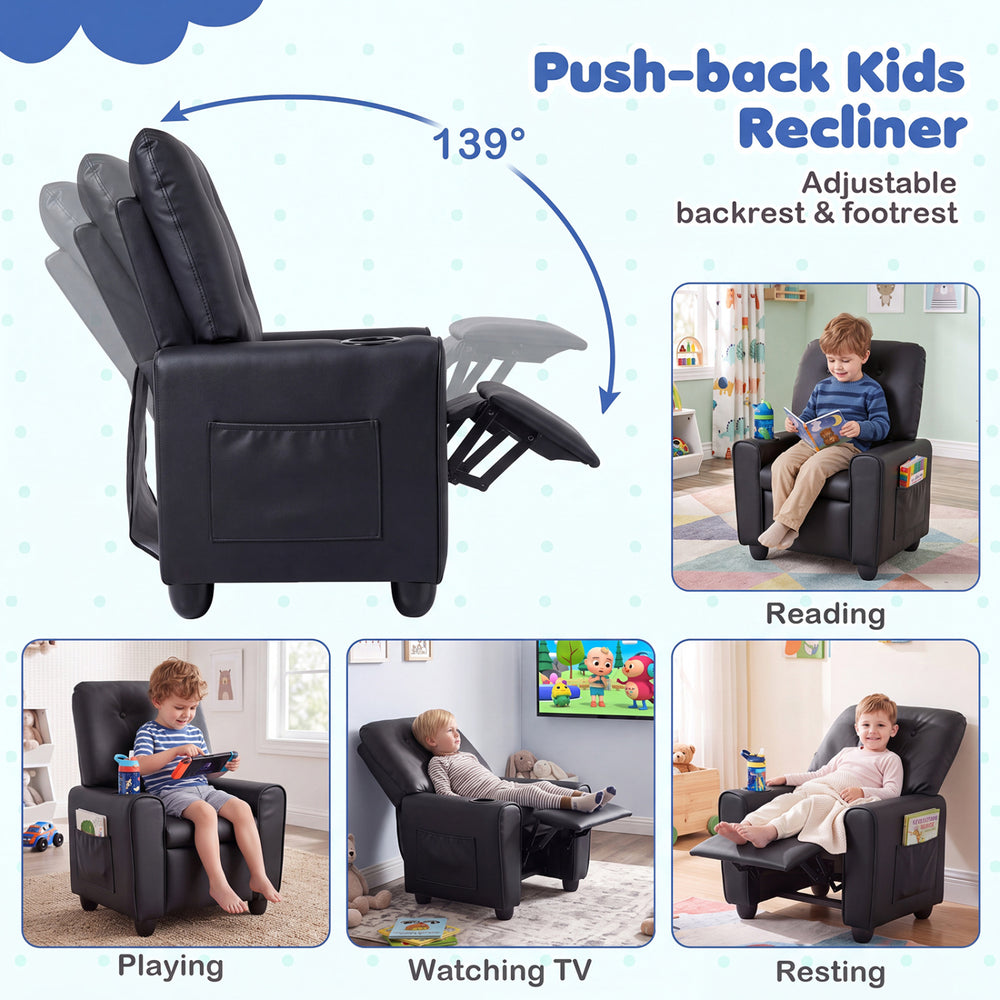 Kids recliner in black with adjustable backrest, cup holder, and armrests, perfect for lounging in comfort.