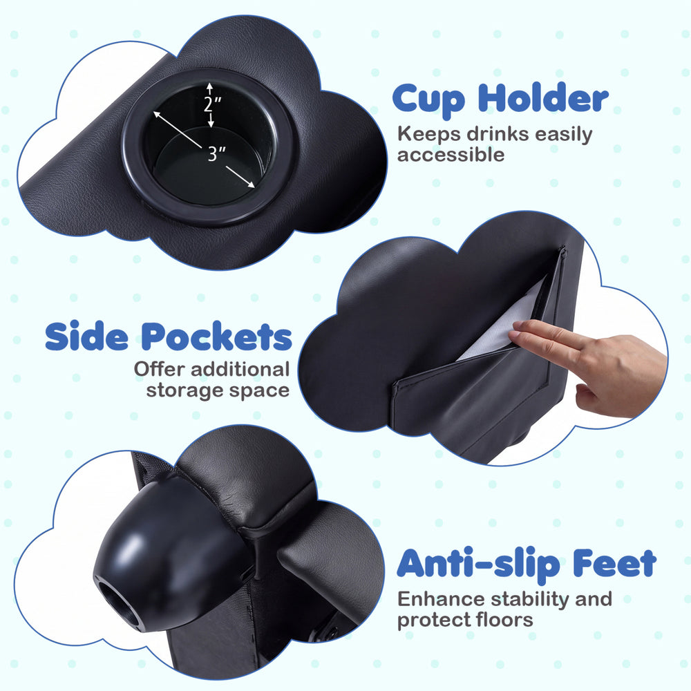 Kids recliner in black with cup holder, side pockets, and anti-slip feet for stability and comfort in playrooms.