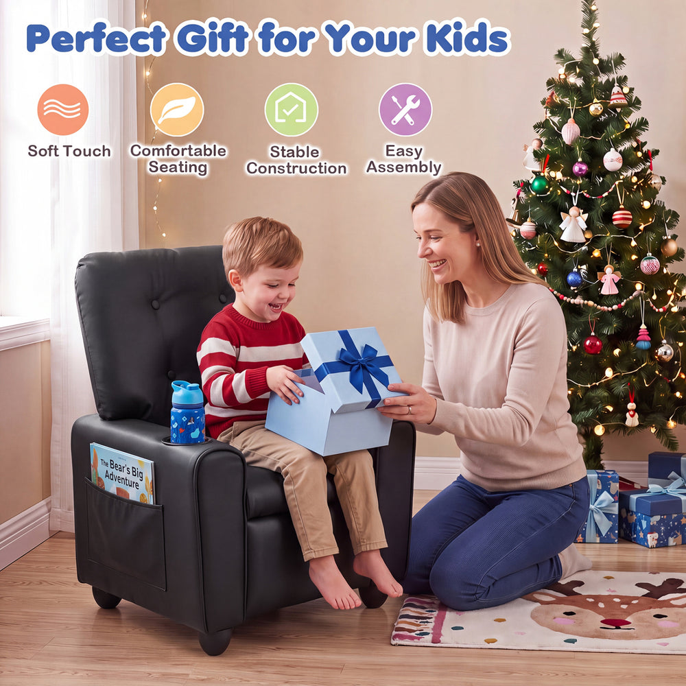 Kids recliner in black with cup holder and adjustable backrest, offering comfortable seating for children's rooms or playrooms.