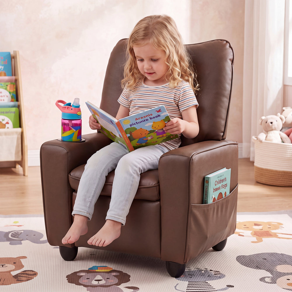 Kids Recliner with Cup Holder Armrests and Adjustable Backrest for Playroom-Brown - Gallery View 1 of 11